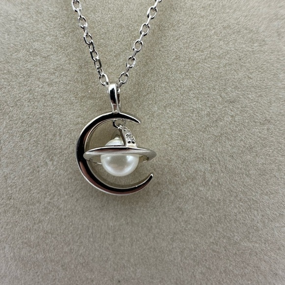 B.Rising Jewelry - Elegant Silver Moon and Pearl Planet Pendant Necklace